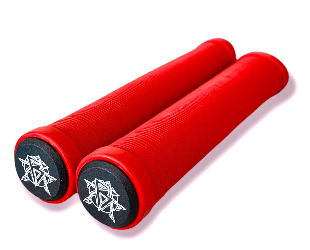 Revolution's Red Stunt Scooter Grips, measuring 172mm, feature high-grade TPR material with a ribbed texture. They are completed with black end caps adorned with a white geometric star design, making them ideal for enthusiasts seeking a soft grip for their stunt scooters.