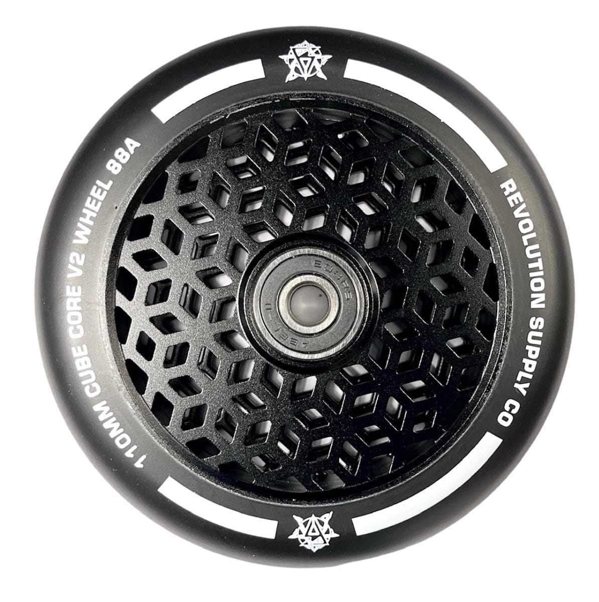 A close-up of the Revolution scooter wheel highlights the ultralite hexagonal pattern on the hub. The outer rim displays "Revolution" and "Cubed Core Ultralite 110mm Stunt Scooter Wheel." These scooter wheels blend modern, sleek design with advanced cube core technology.