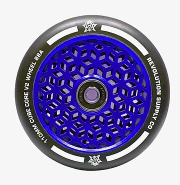 A blue scooter wheel from Revolution, known as the Revolution Cubed Core Ultralite 110mm Stunt Scooter Wheel, showcases an innovative cube core cutout technology with a geometric design. The white text around the edges reads "110MM Cube Core V2 Wheel 88A Revolution Supply Co." This model delivers unmatched performance for scooter enthusiasts.