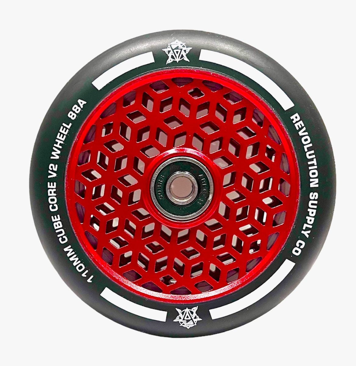 A close-up of a Revolution scooter wheel highlights the Cubed Core Ultralite design. The wheel displays a red geometric cube core surrounded by black rubber edges, with "Revolution Cubed Core Ultralite 110mm Stunt Scooter Wheel - Red" clearly visible around the perimeter.