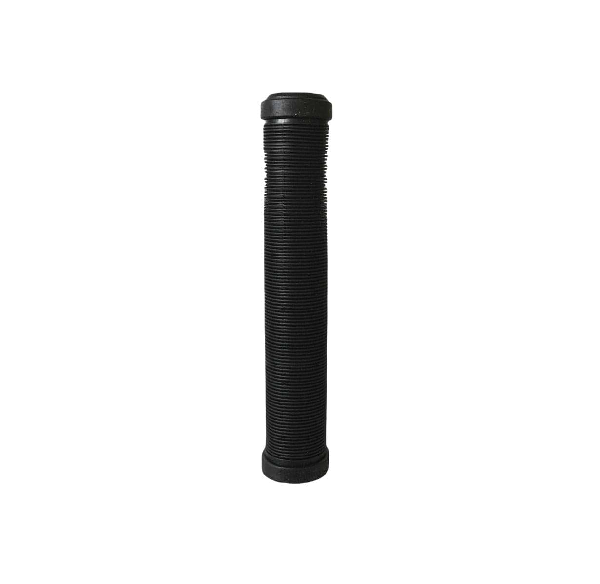 Introducing the Revolution Black Stunt Scooter Grips - 172mm. These cylindrical grips, crafted by Revolution, feature a textured surface for enhanced grip and flared ends on both sides. Made from TPR Super Soft material, they're ideal for tools or vehicles such as bicycles and motorcycles, and perfect for stunt scooters. The grips are showcased against a white background.