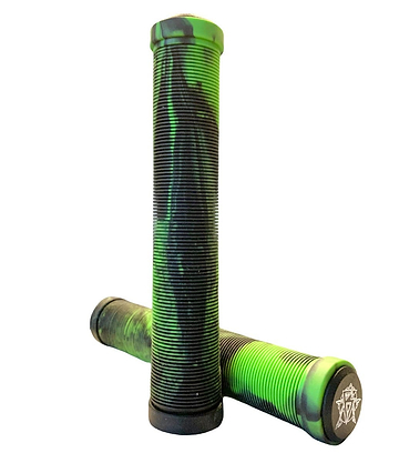 Displayed on a white background are two 172mm Revolution Fused Black/Green Stunt Scooter Grips, crafted from premium TPR. One grip stands upright while the other rests horizontally, both featuring an abstract logo on the end caps to emphasize their exceptionally soft feel.