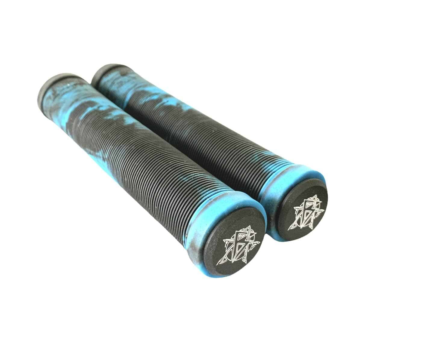 Introducing the Revolution Fused Black / Blue Stunt Scooter Grips - 172mm from Revolution. These grips offer an exceptional combination of functionality and style. Designed with a textured TPR surface, they are perfect for bikes or stunt scooters, featuring horizontal ridges and ends adorned with a geometric logo design that adds to their aesthetic appeal. With their super soft grip, they ensure comfort during use, all showcased against a clean white background.