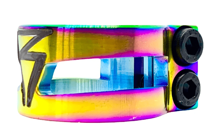 The Revolution Super Lite 2 Bolt Oversized Stunt Scooter Clamp, designed by Revolution and made from robust 6061-T6 aluminum, showcases a stunning neochrome finish with rainbow hues. It sports a distinctive lightning bolt design on one side and is secured by two black hex screws on the other, making it an ideal match for oversized HIC bars.