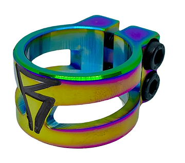 The Revolution Super Lite 2 Bolt Oversized Stunt Scooter Clamp - Neochrome by Revolution is crafted from 6061-T6 aluminium and showcases a rainbow-colored finish with two black screws and a sleek triangle design on the side.