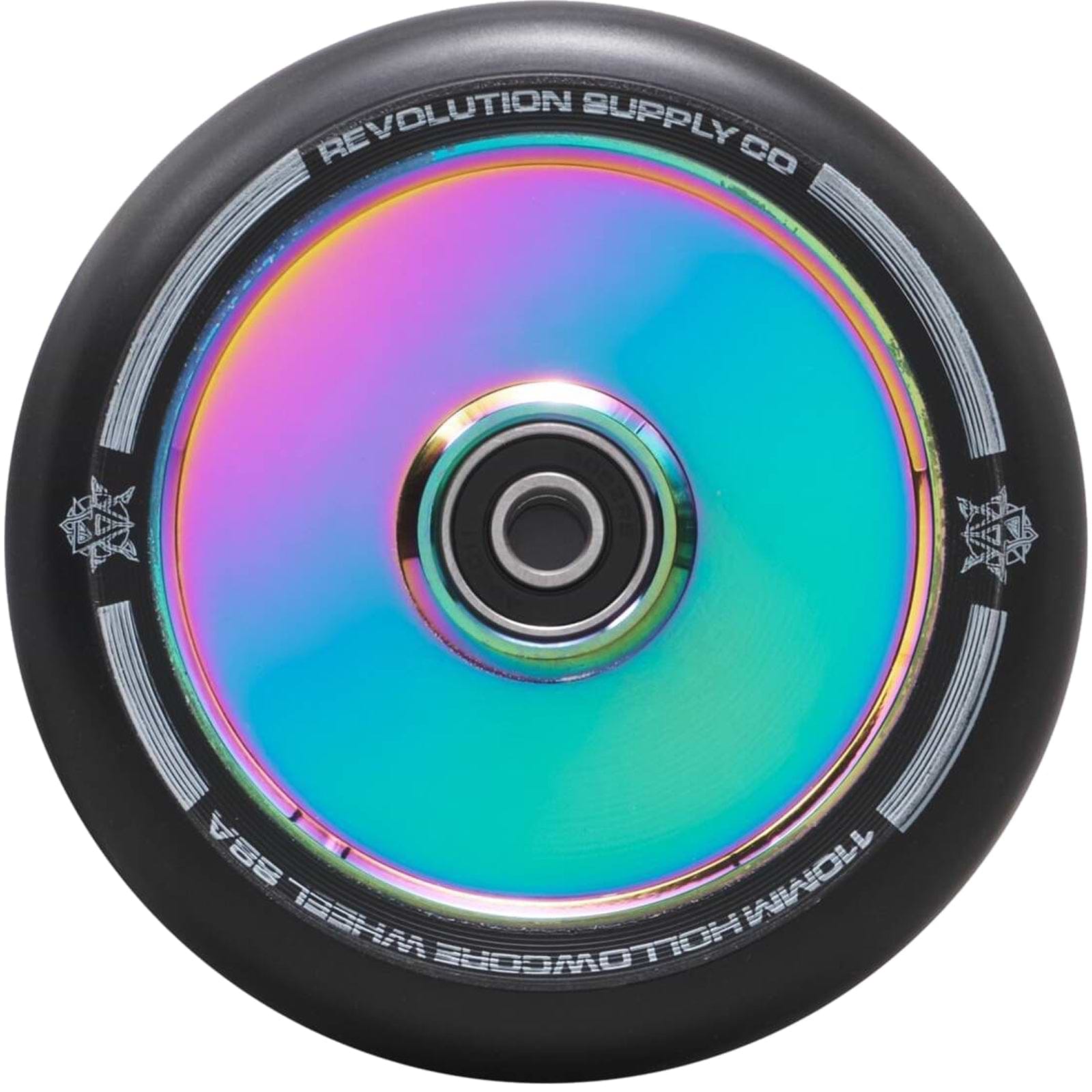 A detailed view of the Revolution Hollowcore 110mm Stunt Scooter Wheel in Neochrome reveals its holographic core with a striking, multicolored finish. The wheel's black outer section is encircled by text reading "Revolution Supply Co.