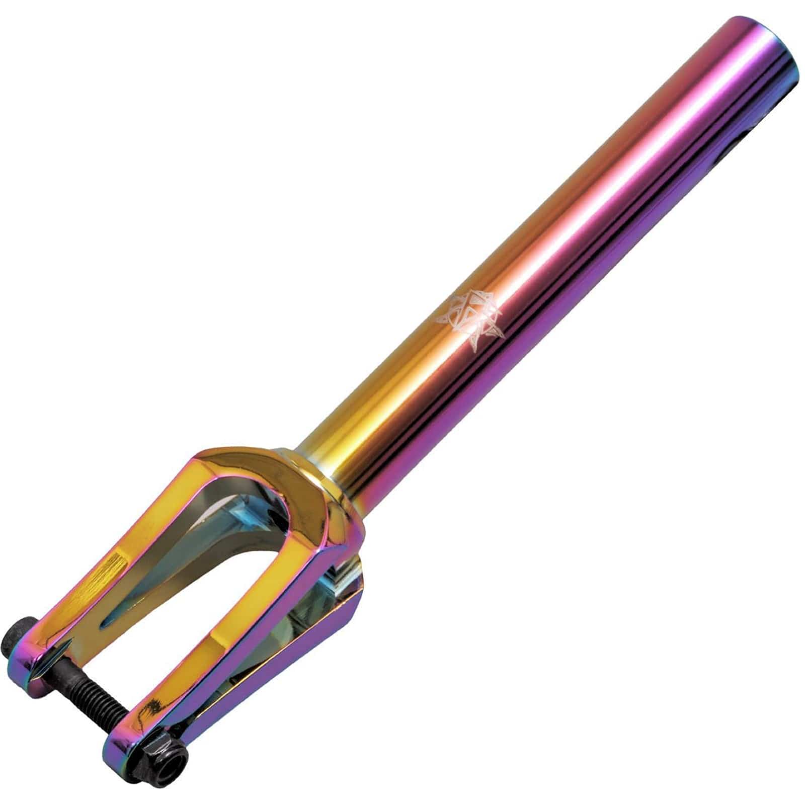 The Revolution Mutiny IHC Stunt Scooter Fork by Revolution features a neochrome finish, blending pink, gold, and blue shades. Made from aircraft-grade aluminum, this fork sports a sleek cylindrical neck and two prongs held together by high-tensile axle bolts.