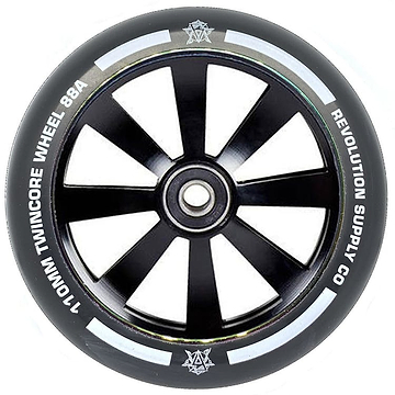 The Revolution Twin Core 110mm Stunt Scooter Wheel in black offers a ten-spoke design and is equipped with ABEC 9 bearings for effortless rides. The text around the wheel states "110MM Twin Core Wheel 88A" and displays "Revolution Supply Co." Perfect for those in search of lightweight wheels with top-tier performance from the brand Revolution.