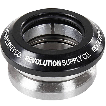 The Revolution Flow Integrated Stunt Scooter Headset in black, designed by Revolution, boasts a sleek black and silver component made from CNC milled aluminum. It elegantly displays the text "REVOLUTION SUPPLY CO." around the top edge. Equipped with sealed bearings, this headset ensures smooth rides.