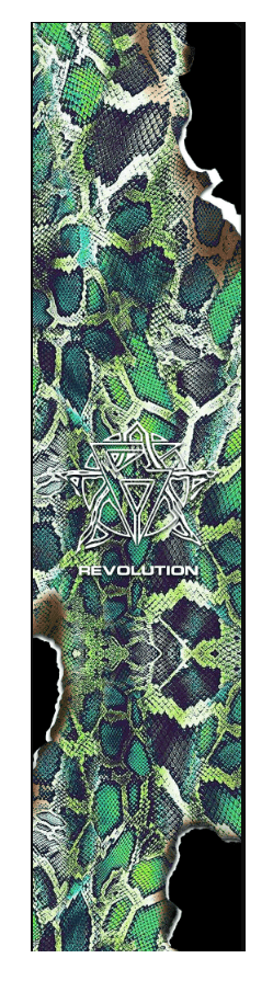 A skateboard deck featuring a modern and vibrant snakeskin pattern in green, blue, and brown hues. The word "Revolution" is elegantly displayed beneath a symmetrical, abstract symbol in white at the center of the deck. Its edges have a rugged, torn texture reminiscent of colorful prints.