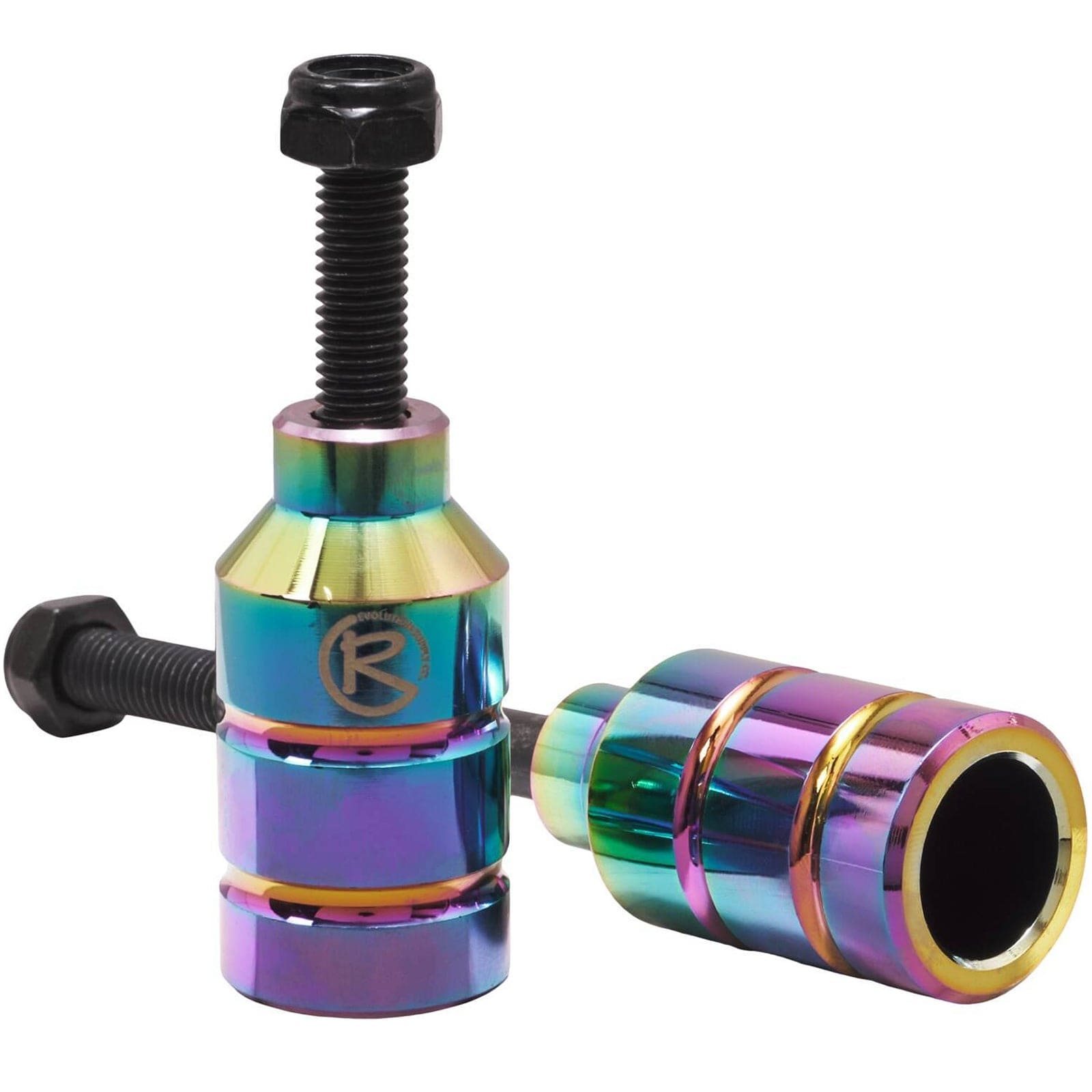 The Revolution Aluminium Stunt Scooter Pegs - Neochrome by Revolution feature two metallic, rainbow-colored pegs expertly CNC milled from durable aluminum. One stands upright while the other lies on its side, highlighting their sleek cylindrical design and vibrant finish. The set comes complete with bolts for secure attachment.