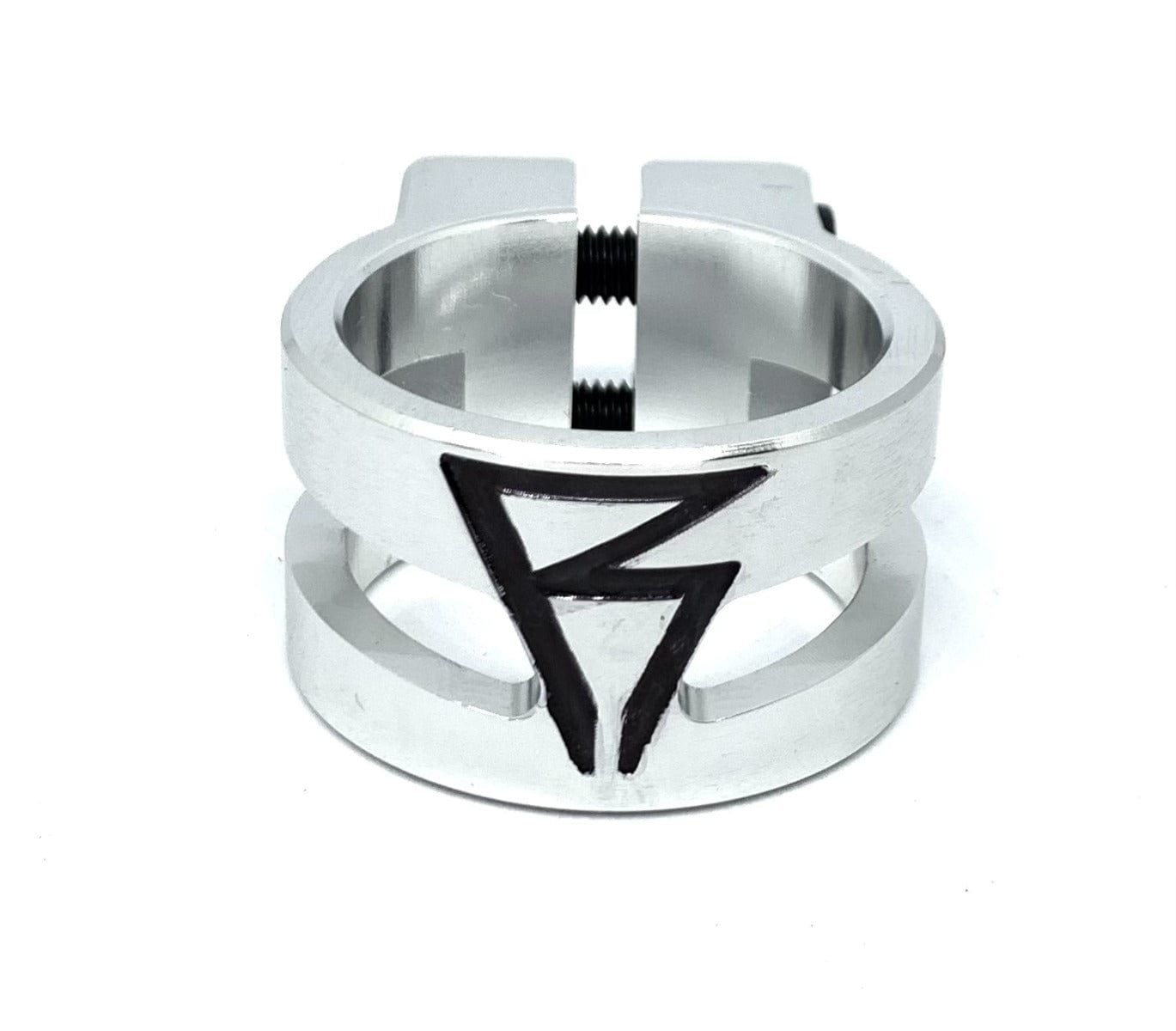 The Revolution Super Lite 2 Bolt Oversized Stunt Scooter Clamp - Chrome highlights a geometric design with an eye-catching, black angular symbol that intertwines the letters "P" and "B." Made from durable 6061-T6 aluminum, this clamp boasts a minimalist chrome finish and a dependable threaded screw mechanism, delivering both style and functionality.