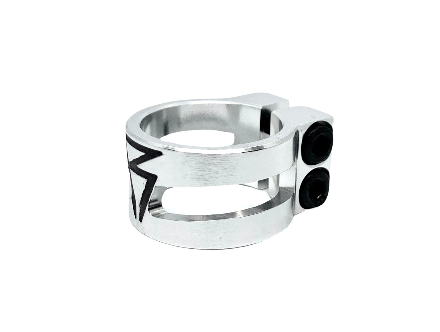 The Revolution Super Lite 2 Bolt Oversized Stunt Scooter Clamp in Chrome by Revolution is a sleek and minimalist accessory crafted from durable 6061-T6 aluminum. It features an engraved star design with two bolt holes, making it perfect for biking or mechanical applications.