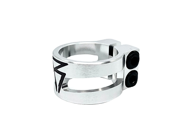 The Revolution Super Lite 2 Bolt Oversized Stunt Scooter Clamp in Chrome by Revolution is a sleek and minimalist accessory crafted from durable 6061-T6 aluminum. It features an engraved star design with two bolt holes, making it perfect for biking or mechanical applications.