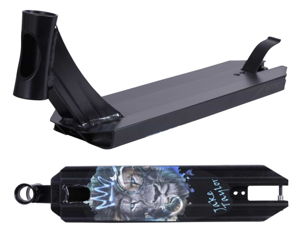 The Revolution Storm Jake Taylor Signature Stunt Scooter Deck - 4.7" x 19" is truly a park rider's dream, featuring a sleek black finish and adorned with a striking lion face design.