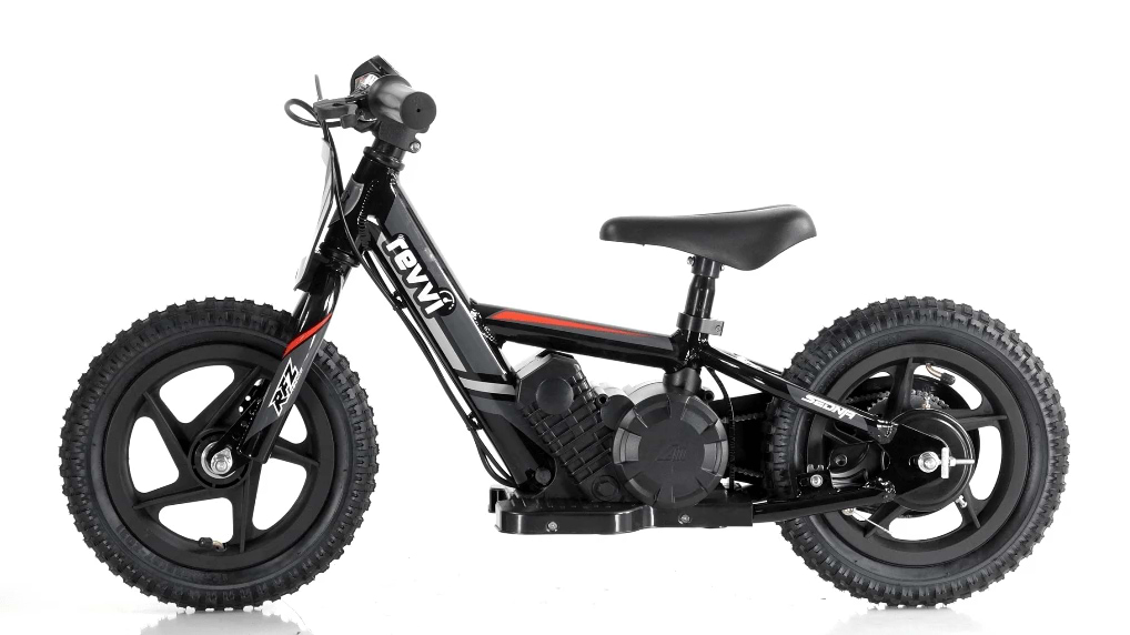 Introducing the Revvi 12" Kids Electric Balance Bike in Black: A stylish electric balance bike that features bold red accents, knobby tires, a comfortable seat, and grippy handlebars. This model showcases visible motor components and offers an easy-to-use twist throttle for smooth adventures.