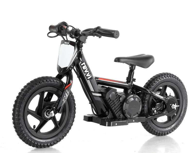 Featuring a mini motorcycle design, the Revvi 12" Kids Electric Balance Bike in black comes with thick, textured tires and a low seat. The brand name "REVVI" is prominently displayed in white on the frame. This electric-powered balance bike offers an authentic riding experience with its twist throttle.