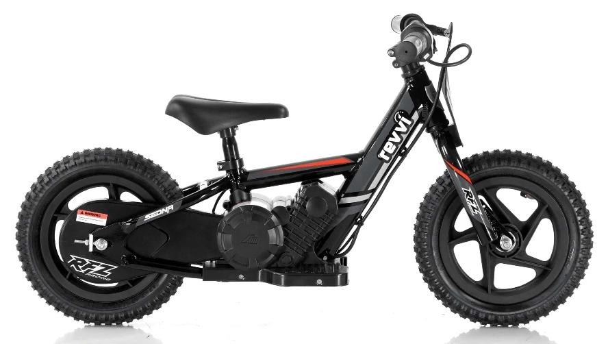 Introducing the Revvi 12" Kids Electric Balance Bike in Black, a robust and stylish choice for young riders featuring an electric-powered motorbike design. Equipped with chunky tires and a sturdy frame, this bike includes a twist throttle and low seat, making it ideal for children to learn balance while riding.
