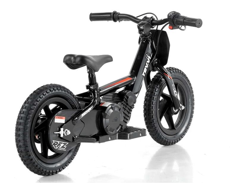The Revvi 12" Kids Electric Balance Bike in black features thick tires, a small seat, and handlebar grips. It comes with a compact motor unit and twist throttle for easy control, all shown on a white background.