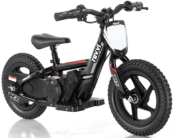 Designed for young riders, the Revvi 12" Kids Electric Balance Bike in black offers an exhilarating experience with its padded seat and twist throttle. It proudly displays Revvi's branding and features robust two wheels with white-lettered tires along with a sleek motor. The bike is equipped with front and rear fenders to ensure a smooth ride every time.