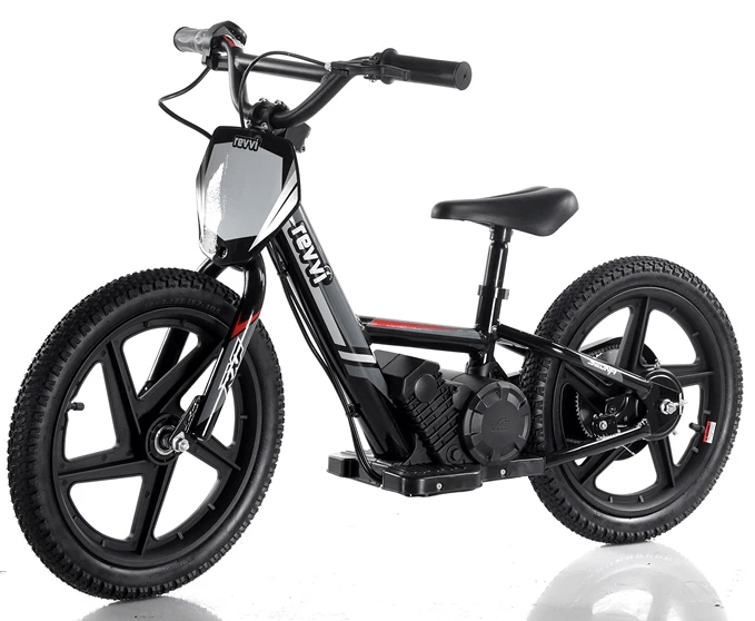 The Revvi 16" Kids Electric Balance Bike - Black is a stylish and contemporary ride featuring thick tires, a compact seat, and handlebars. Its rechargeable battery makes it ideal for young adventurers.
