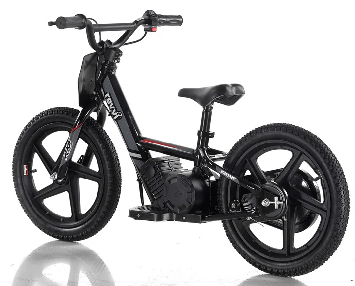 The Revvi 16" Kids Electric Balance Bike - Black combines style and functionality with its sleek design, thick tires, and minimalist frame. It boasts a compact motor and a comfortable seat, making it ideal for young riders learning to balance. Perfect for adventurous kids who want both convenience and style on two wheels.