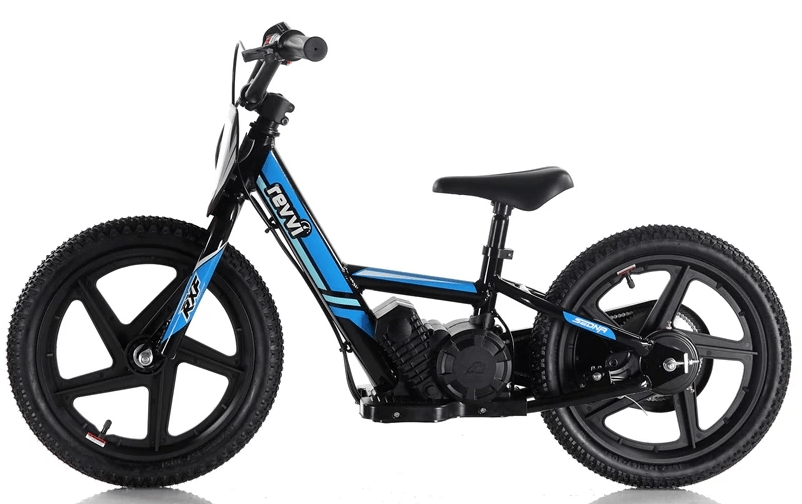 The Revvi 16" Kids Electric Balance Bike - Blue, by Revvi, is a blue and black electric balance bike for kids, featuring thick black tires and a sturdy frame. It offers a comfortable seat, handlebar grips, and has a motor located near the rear wheel. The bike is showcased against a white background.