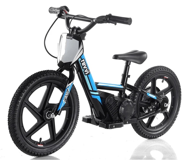 Introducing the Revvi 16" Kids Electric Balance Bike - Blue, a chic children's balance bike in an elegant black and blue design. It features robust tires, a comfortable seat, and handlebars specifically designed for young riders to hone their balance skills. This stylish bike is presented against a plain white background, ideal for aspiring champions.