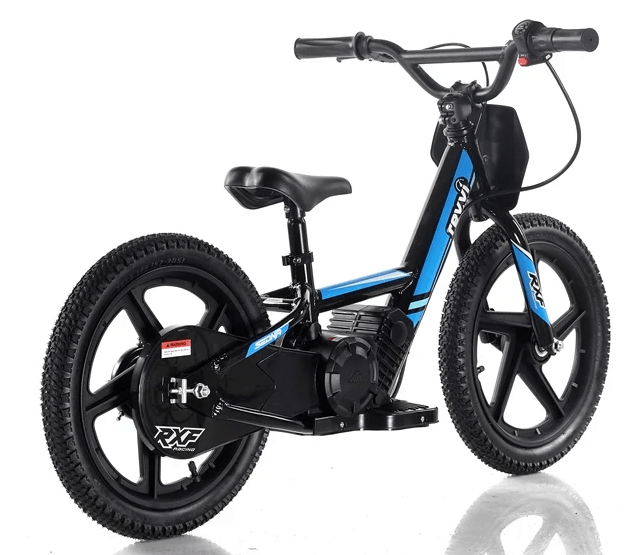 The Revvi 16" Kids Electric Balance Bike - Blue features a dynamic black frame highlighted with blue accents and robust black tires. It comes equipped with a solid seat and handlebars, all crafted in a chic, minimalist style showcasing the Revvi branding on the side.