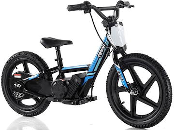 Introducing the Revvi 16" Kids Electric Balance Bike - Blue: Designed for adventurous young riders, this stylish bike features a robust frame with a sleek black and blue design, thick tires, and BMX-style handlebars. It is equipped with a small motor located beneath the seat and includes a central kickstand for added stability, making it an ideal choice for children gaining confidence in their riding skills.