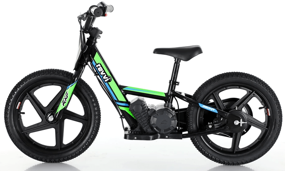 Introducing the Revvi 16" Kids Electric Balance Bike - Green by Revvi, designed for children and featuring a small motor. This sporty balance bike comes with hybrid rubber tires and a simple seat, highlighted with blue accents against its black and green frame. The twist throttle adds an element of excitement, all set against a plain white background.