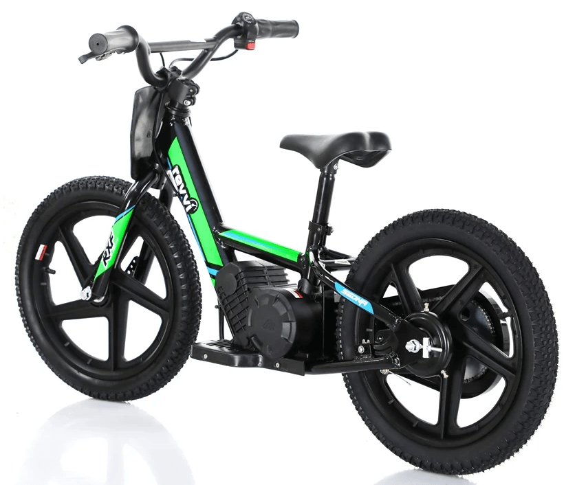 The Revvi 16" Kids Electric Balance Bike - Green, by the renowned brand Revvi, showcases a stylish black frame accented with vivid green highlights and robust hybrid rubber tires. This pedal-free bike incorporates a compact motor, twist throttle, and a comfortable seat against a simple white backdrop.