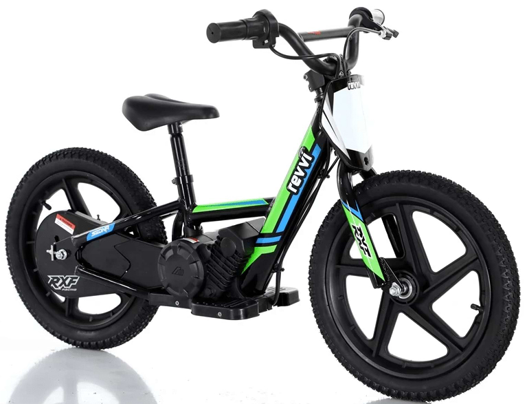 Introducing the Revvi 16" Kids Electric Balance Bike in green, featuring a vibrant frame accented with blue and white. This bike comes equipped with hybrid rubber tires mounted on black wheels, a twist throttle, handlebars, and a padded seat. It is adorned with stickers displaying the Revvi brand name.