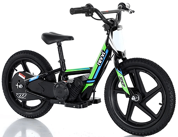 Introducing the Revvi 16" Kids Electric Balance Bike in green, featuring a vibrant frame accented with blue and white. This bike comes equipped with hybrid rubber tires mounted on black wheels, a twist throttle, handlebars, and a padded seat. It is adorned with stickers displaying the Revvi brand name.