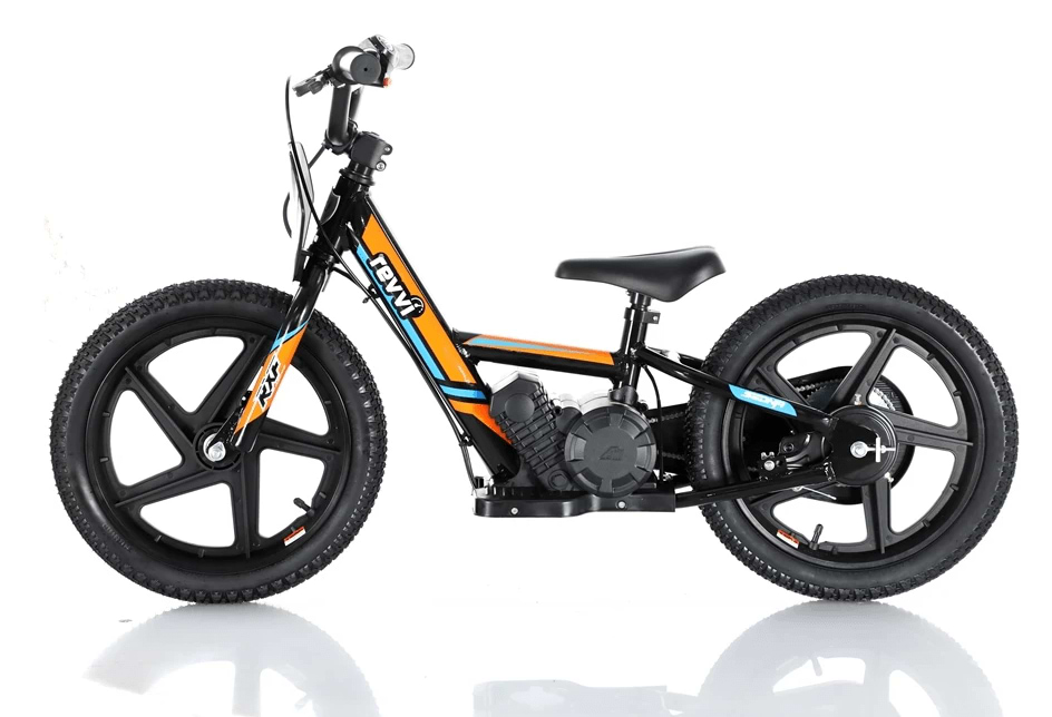 Introducing the Revvi 16" Kids Electric Balance Bike in orange, crafted by Revvi. This sleek and lightweight motorbike is perfect for children, featuring a striking orange and black design. With thick tires and sturdy handlebars, it ensures a safe ride while the twist throttle provides easy control for endless fun. Presented against a white background, this bike combines style and functionality effortlessly.