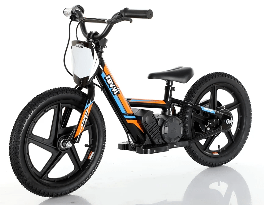 Introducing the Revvi 16" Kids Electric Balance Bike - Orange by Revvi, a sleek black children's bike offering a lightweight motorbike experience. It features a compact engine, orange and blue striped frame, thick tires, and a white front plate. With its padded seat, sporty design includes minimalistic handlebars, pedals, and twist throttle for intuitive control.