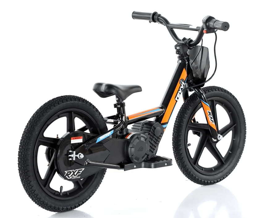 The Revvi 16" Kids Electric Balance Bike in striking orange is perfect for those thrilling rides.
