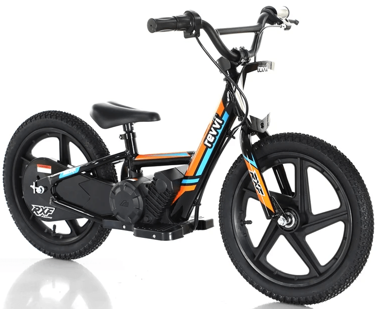 The Revvi 16" Kids Electric Balance Bike in orange boasts a sleek black frame with eye-catching orange, blue, and white accents. It is equipped with sturdy black wheels and handlebars, making this lightweight bike ideal for learning balance and coordination.