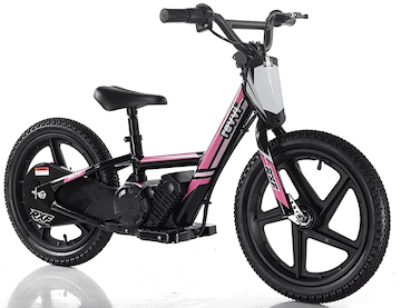 The Revvi 16" Kids Electric Balance Bike - Pink merges fun with safety through its black and pink aesthetic and robust design, including handlebars and footrests reminiscent of a dirt bike. Its thick-treaded wheels offer stability tailored for young riders.
