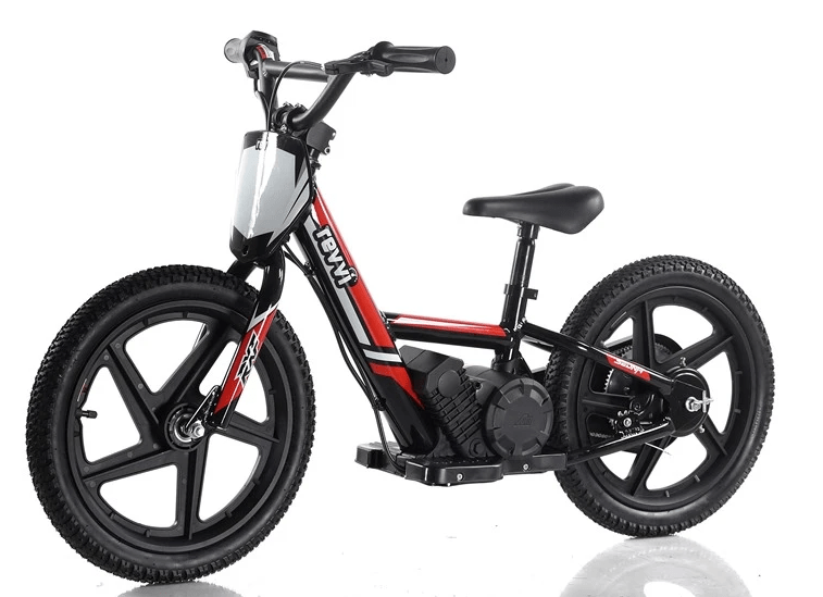 A stylish Revvi 16" Kids Electric Balance Bike in red, ideal for budding young adventurers.