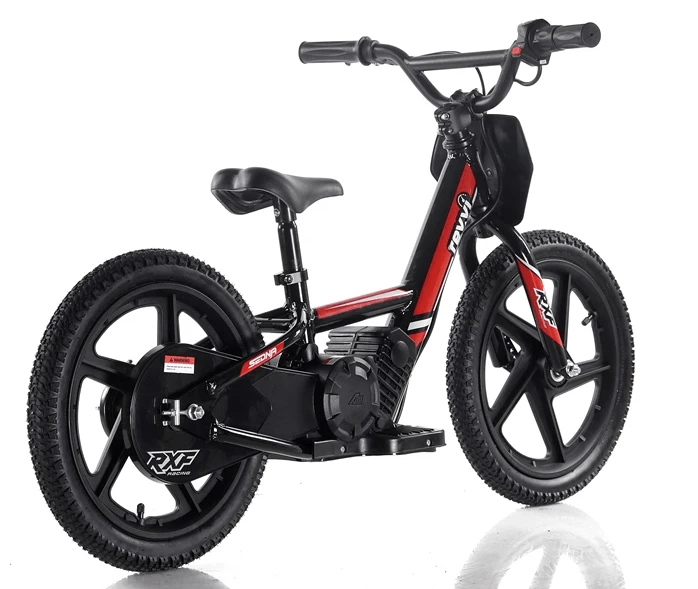 Introducing the Revvi 16" Kids Electric Balance Bike in red and black, a stylish ride featuring thick tires and a comfortable padded seat with a crossbar. This lightweight motorbike showcases a robust design, enhanced by a plastic frame cover with the "Revvi" branding prominently displayed on both the frame and tires.