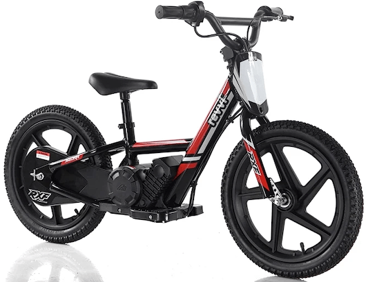Introducing the Revvi 16" Kids Electric Balance Bike in Red by Revvi. This bike boasts a robust frame and is equipped with knobby tires, a comfortable padded seat, and a lightweight motor. It features handlebars with grips and a protective front plate for added safety, along with a twist throttle for easy control.
