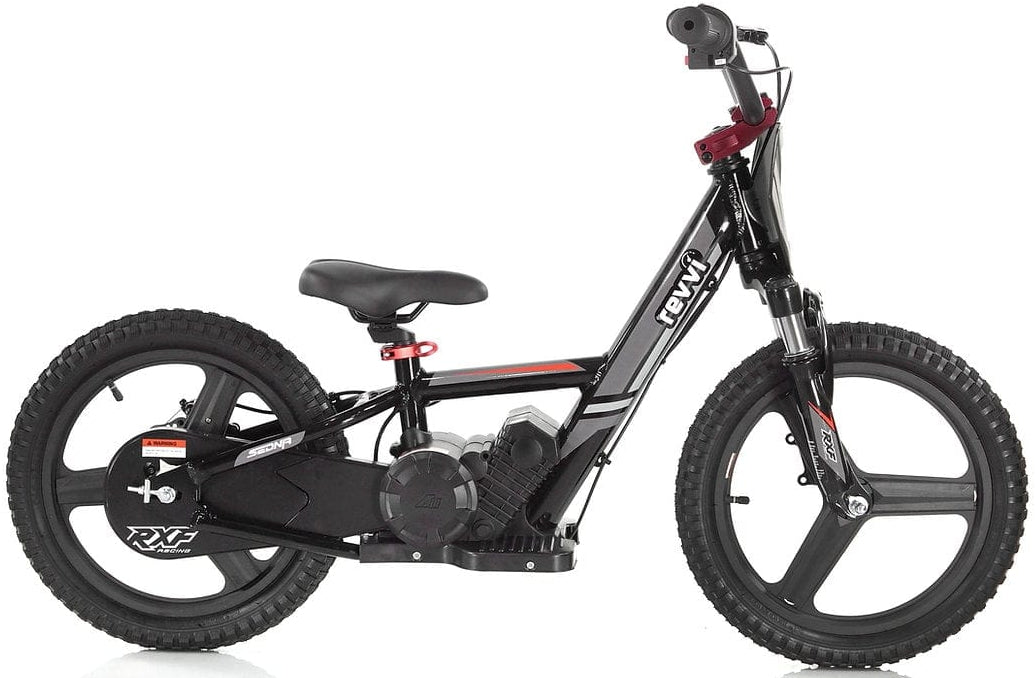 The Revvi 16" Plus Kids Electric Balance Bike - Black from Revvi features a sleek black frame with striking red accents and robust black tires. Its BMX-style handlebar pairs well with the compact electric motor, providing a contemporary and sporty appearance ideal for young riders looking to develop their skills on this outstanding balance bike.