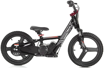 The Revvi 16" Plus Kids Electric Balance Bike - Black from Revvi features a sleek black frame with striking red accents and robust black tires. Its BMX-style handlebar pairs well with the compact electric motor, providing a contemporary and sporty appearance ideal for young riders looking to develop their skills on this outstanding balance bike.