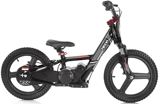 The Revvi 16" Plus Kids Electric Balance Bike - Black from Revvi features a sleek black frame with striking red accents and robust black tires. Its BMX-style handlebar pairs well with the compact electric motor, providing a contemporary and sporty appearance ideal for young riders looking to develop their skills on this outstanding balance bike.