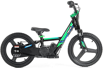 Introducing the Revvi 16" Plus Kids Electric Balance Bike in a stylish green color. This electric-powered bike for kids features hybrid rubber air-filled tires, a durable frame, and a central motor. The straightforward handlebar design makes this Revvi bike stand out beautifully against a white background.