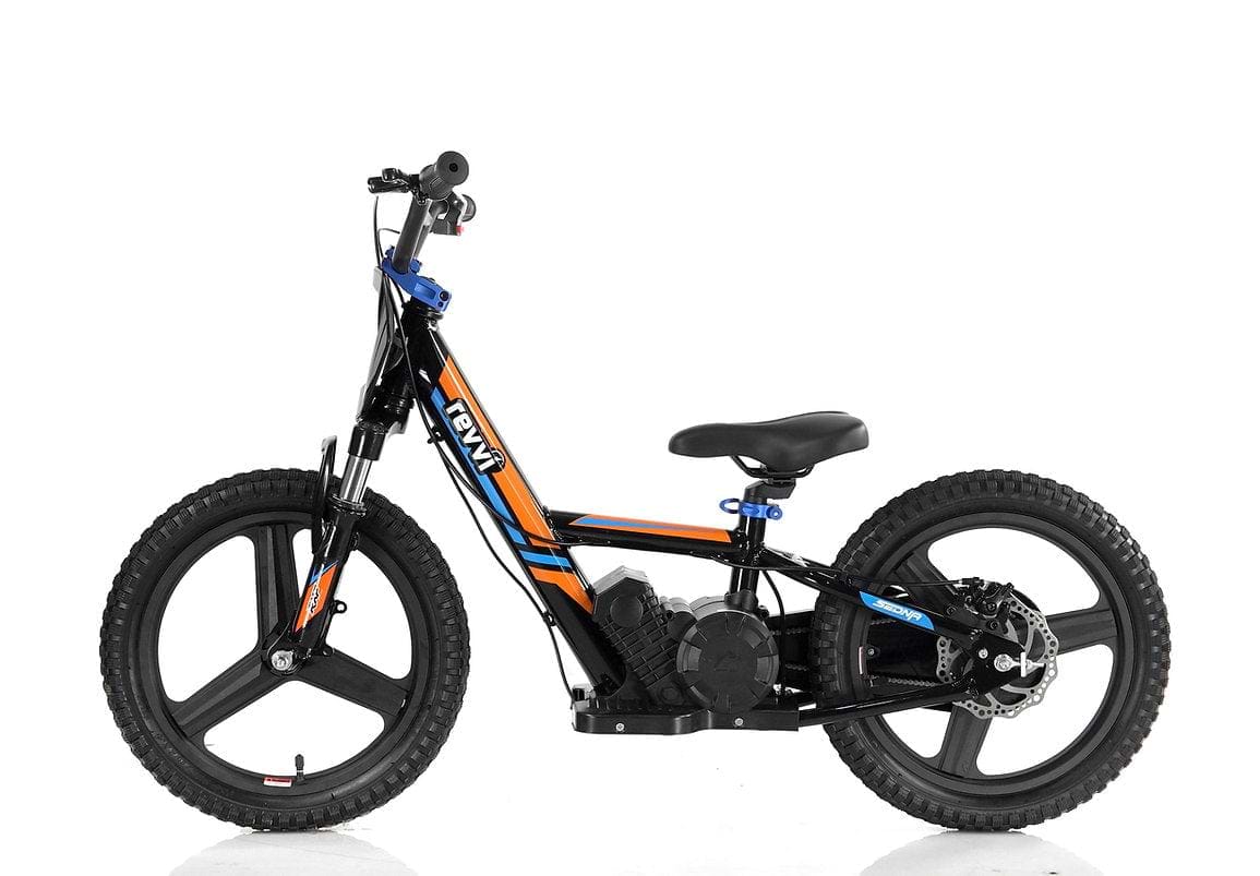 The Revvi 16" Plus Kids Electric Balance Bike - Orange is a black and orange electric trial bike that boasts a minimalistic design. It includes chunky tires, a small comfortable seat, and a low center of gravity, making it the perfect electric bike for kids. The frame prominently showcases the "Revvi" brand name.