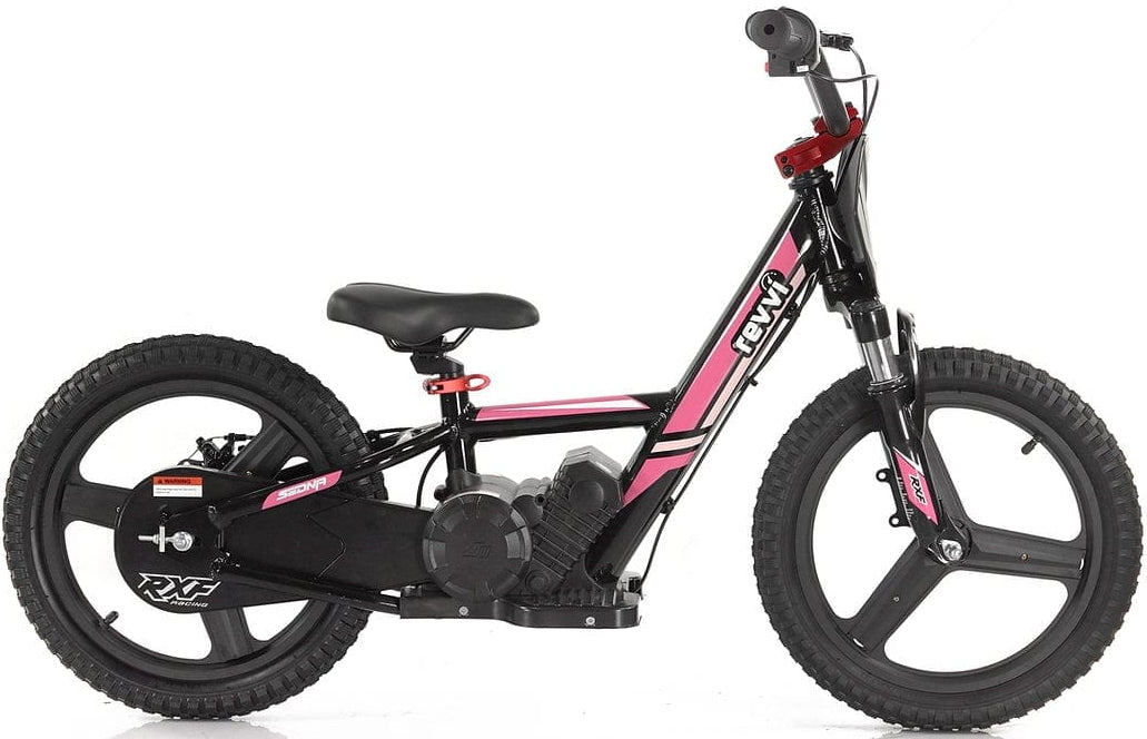 The Revvi 16" Plus Kids Electric Balance Bike in pink is a children's balance bike with a black and pink color scheme, featuring a sturdy frame and thick tires. The simple handlebar design makes it ideal for little adventurers, and the bike is showcased against a plain white background.