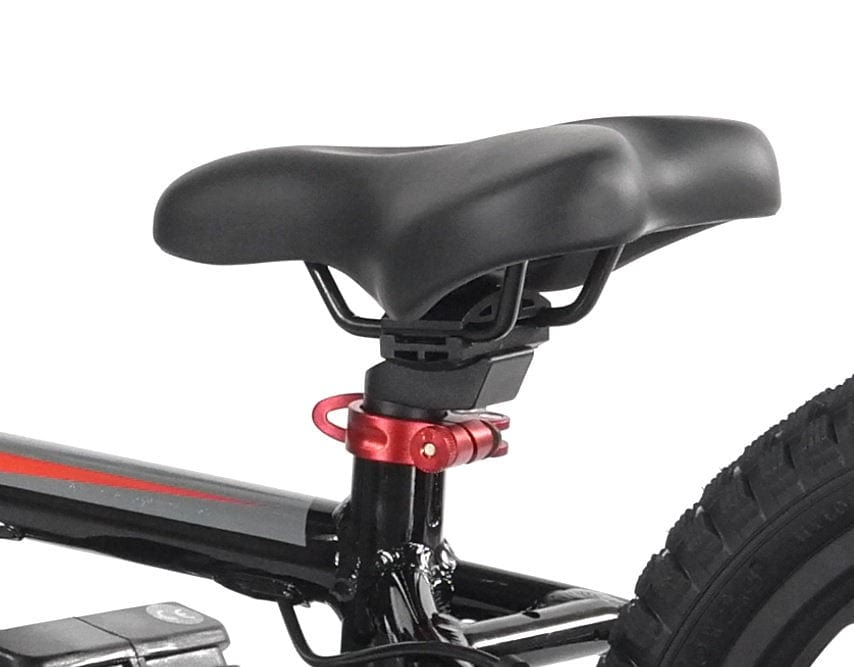 Close-up of a bicycle seat on a sleek black frame with a red clamp, reminiscent of the stylish Revvi 16" Plus Kids Electric Balance Bike in pink. The rear wheel is partially visible, and the seat's contoured design offers comfort similar to that of a balance bike.