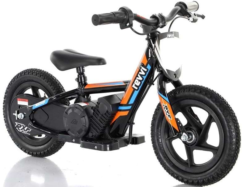 The Revvi 12" Kids Electric Balance Bike in orange and black boasts chunky tires, a twist throttle, and BMX-style handlebars. This lightweight motorbike prominently features the "revvi" brand name on its frame. Displayed against a white background, it is perfect for young adventurers seeking thrills.